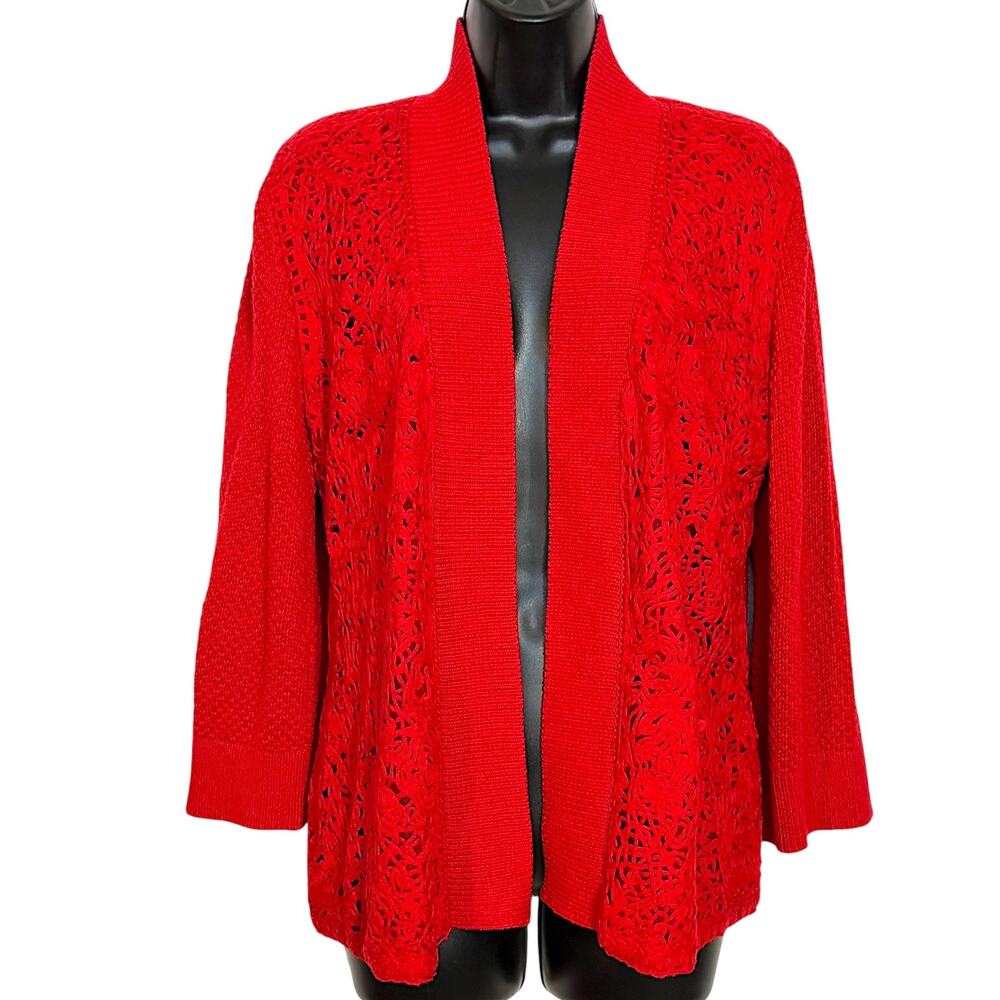 Peter Nygard Red Cotton Cardigan M Open Front Knit Crochet Lace Sweater Boho